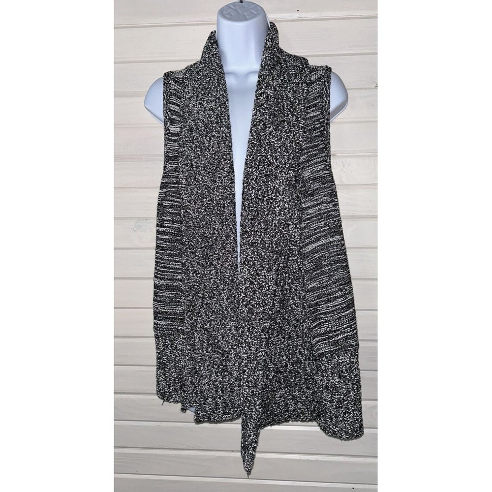 Cache Sz MEDIUM Black White Open Shawl Collar Sleeveless Cardigan Sweater EUC